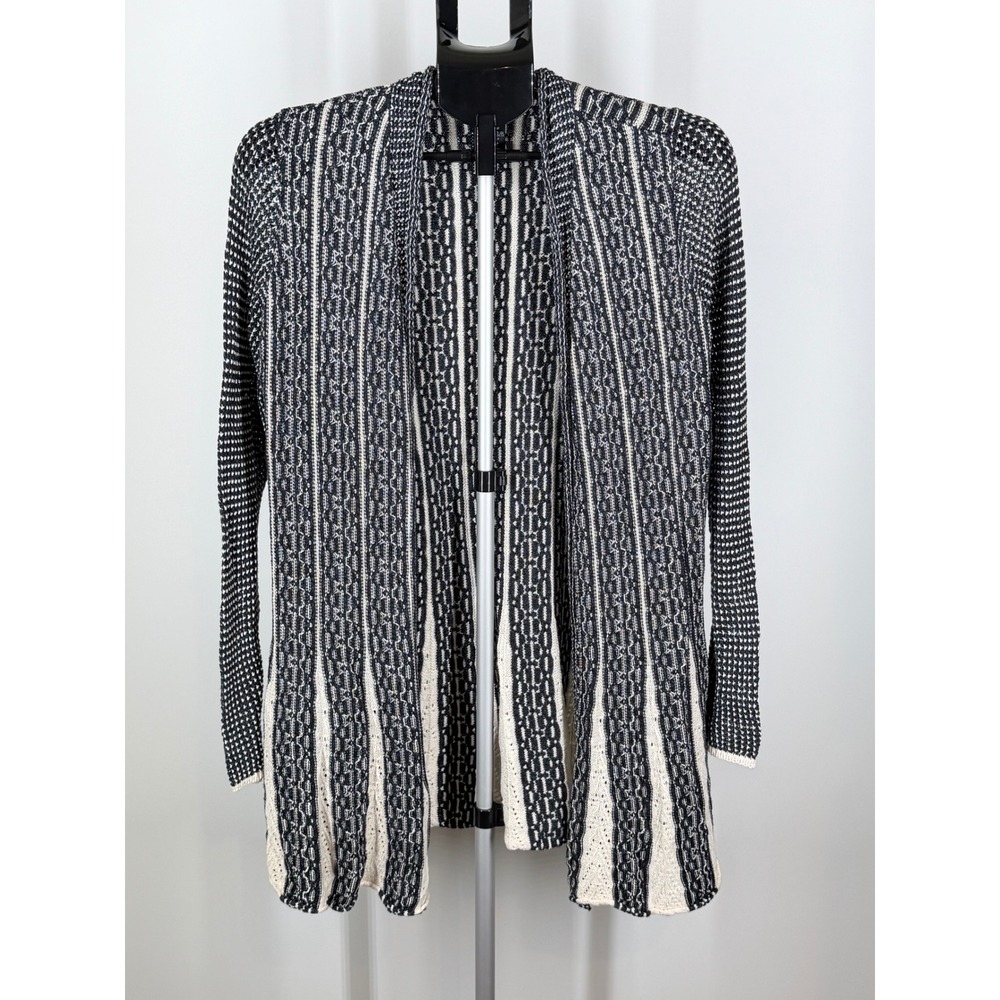 ZOZO Women Navy Blue Cream Geometric Knit Open Front Longline Cardigan Size L